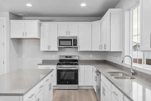 Kitchen featuring white cabinetry, sink, stainless steel appliances, and light hardwood / wood-style floors