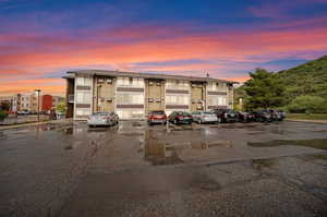 View of outdoor building at dusk