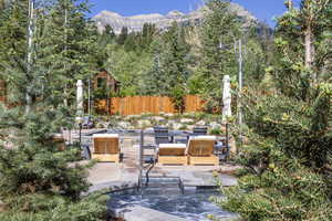 View of patio with a mountain view