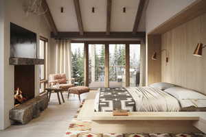 Bedroom featuring access to exterior, a fireplace, lofted ceiling with beams, light wood-type flooring, and wood walls