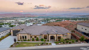 Aerial view at dusk with a mountain view