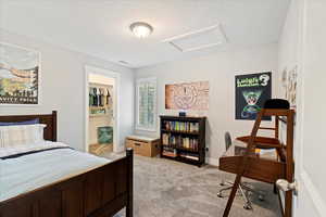 Bedroom with light carpet, a closet, and a walk in closet