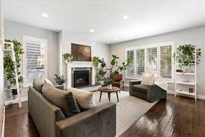 Living room with dark hardwood / wood-style floors and plenty of natural light