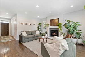 Living room featuring dark wood-type flooring