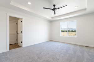 Empty room featuring light colored carpet, ceiling fan, and a raised ceiling