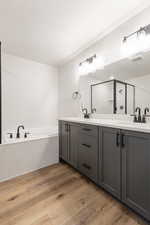 Bathroom featuring hardwood / wood-style floors, independent shower and bath, and vanity