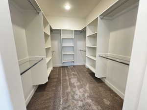 Walk in closet with dark carpet