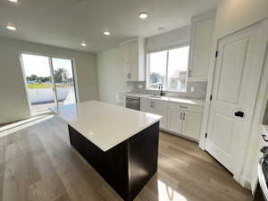 Kitchen featuring white cabinets, a wealth of natural light, a kitchen island, and stainless steel dishwasher