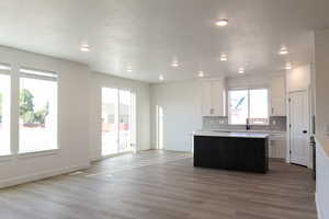 Kitchen featuring a center island, sink, hardwood / wood-style flooring, tasteful backsplash, and white cabinetry