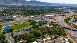 Drone / aerial view with a mountain view