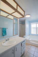 Bathroom with vanity, plus walk in shower,, and tile-patterned floors