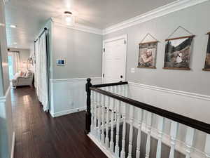 Hall with dark wood-type flooring, ornamental molding, and a textured ceiling