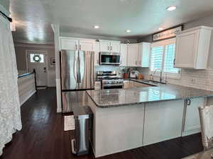 Kitchen featuring white cabinetry, stainless steel appliances, sink, and dark wood-type flooring