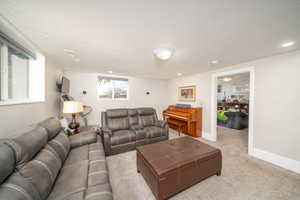 Carpeted living room with a textured ceiling