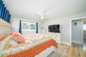 Bedroom featuring ceiling fan and light laminate flooring