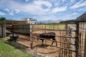 View of yard with a mountain view, a rural view, and an outdoor structure