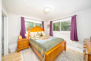 Bedroom featuring light laminate flooring