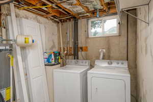 Laundry room with washing machine and dryer and gas water heater