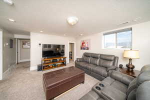 Carpeted living room featuring a textured ceiling