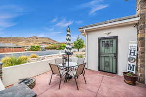 View of patio with a mountain view