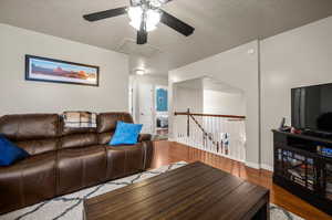 Living room featuring wood-type flooring and ceiling fan