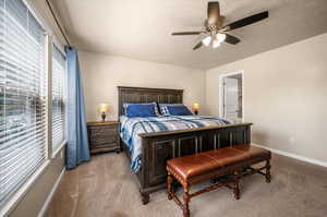 Bedroom featuring light colored carpet, multiple windows, and ceiling fan