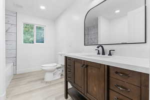 Bathroom with vanity, toilet, and hardwood / wood-style floors