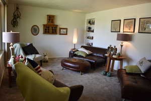 Carpeted living room with built in shelves and a textured ceiling