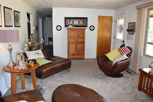 Carpeted living room with a textured ceiling