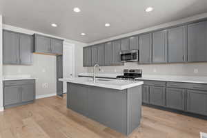 Kitchen featuring appliances with stainless steel finishes, gray cabinetry, and a kitchen island with sink