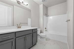 Full bathroom featuring vanity, toilet, and  shower combination