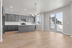 Kitchen featuring light wood-type flooring, plenty of natural light, a kitchen island with sink, and stainless steel appliances