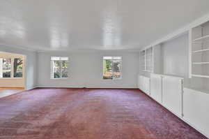 Carpeted spare room featuring crown molding and a wealth of natural light