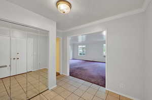 Interior space featuring crown molding, a closet, and light colored carpet