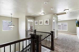 Hallway featuring carpet and a textured ceiling