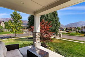 View of patio featuring a mountain view