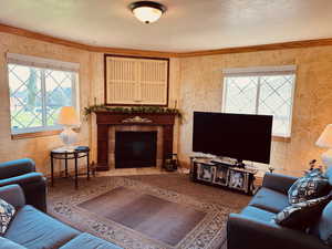 Living room featuring a fireplace, a textured ceiling, and ornamental molding