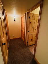 Corridor with carpet floors and a textured ceiling