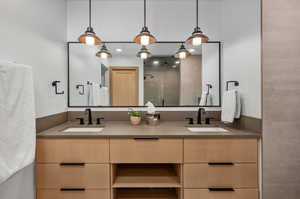 Bathroom with walk in shower and dual bowl vanity