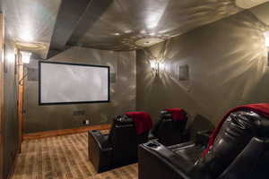 Home theater featuring carpet