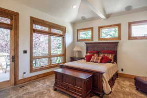 Main Floor Guest Suite - Bedroom featuring access to exterior, multiple windows, light carpet, and lofted ceiling