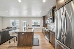 Kitchen with appliances with stainless steel finishes, a healthy amount of sunlight, light hardwood / wood-style floors, an island with sink, and sink