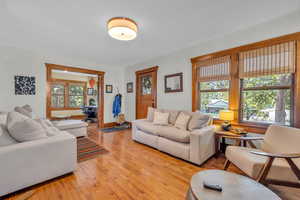 Living room with light hardwood / wood-style flooring and a healthy amount of sunlight