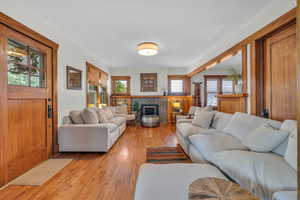 Living room featuring a fireplace, a healthy amount of sunlight, and light hardwood / wood-style floors