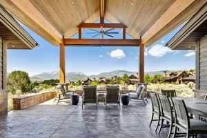 View of patio featuring a mountain view