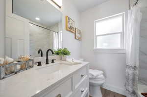 Bathroom featuring toilet, vanity, and hardwood / wood-style flooring