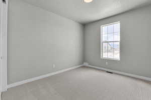 Carpeted spare room featuring a textured ceiling