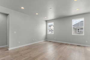 Unfurnished room with light hardwood / wood-style flooring, a textured ceiling, and a healthy amount of sunlight