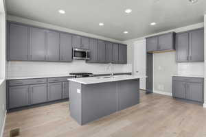 Kitchen with stainless steel appliances, gray cabinetry, and light hardwood / wood-style floors