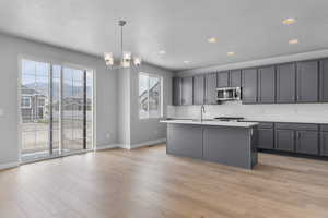 Kitchen with light wood-type flooring, gray cabinets, stainless steel appliances, an island with sink, and hanging light fixtures